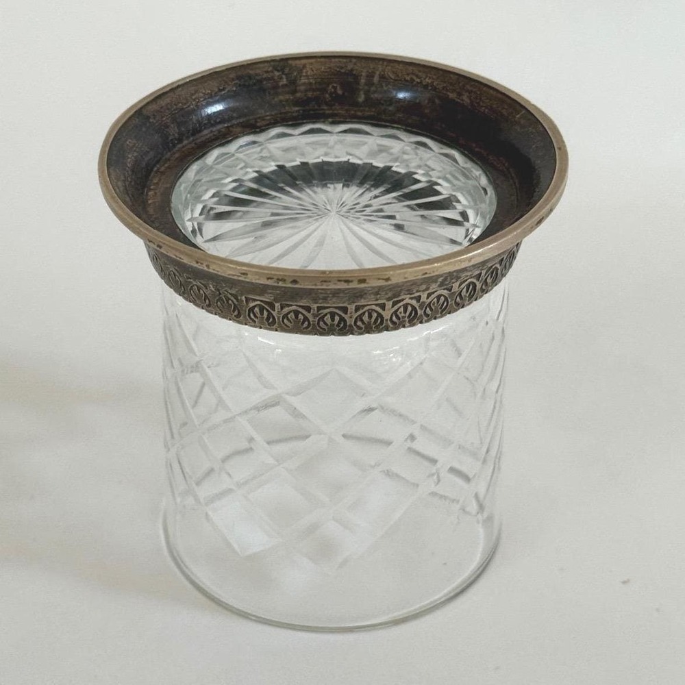 Vintage Cut Crystal Whiskey Glass Heavy Brass Base Diamond Lattice Tumbler - Picture 10 of 12